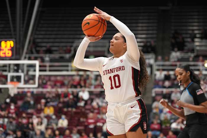 Jan 20, 2023; Stanford, California, USA; Stanford Cardinal guard Talana Lepolo (10) shoots against the Utah Utes during the first quarter at Maples Pavilion. Mandatory Credit: Darren Yamashita-USA TODAY Sports